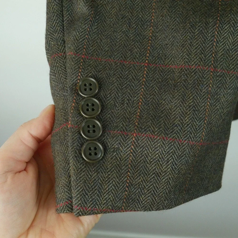 Brook Taverner 42R Wool Blazer Tweed Olive Green Herringbone Windowpane Jacket